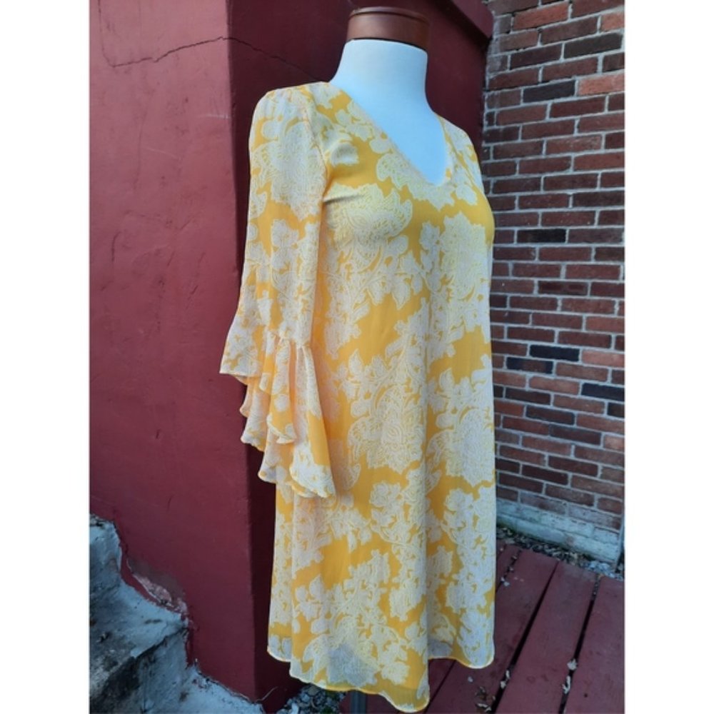 Calvin Klein Ruffle Sleeve Chiffon Yellow Print Dress 2 Spring Summer - Picture 6 of 10